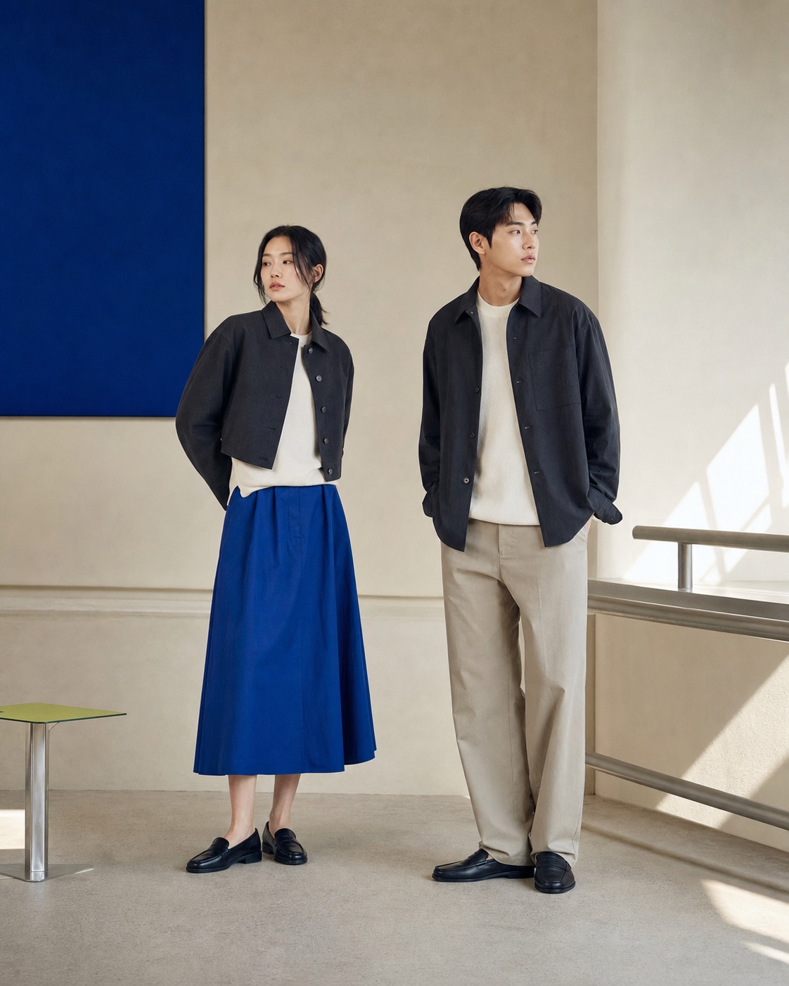 차콜과 코발트 컬러의 데일리 룩을 입은 두 모델의 패션 에디토리얼